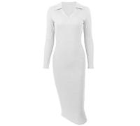 TOWARDSNAN Vestido tipo suéter de manga larga con cuello en V y solapa para mujer, elegante, entallado, para otoño, de punto acanalado, manga larga, entallado, acanalado, blanco, M
