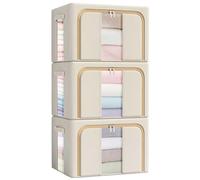 TOWEBOORY 3 Piezas 66L Cajas Almacenaje Ropa, Organizador Armario Apilable con Asa y Ventanas Transparentes Adecuado Cajas de Almacenamiento Fijas Plegables para Suéteres,Abrigos,Mantas,Edredones