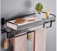 Towel Rails Double-Layer Towel Rack Towel Rail Wall-Mounted Bathroom Space Aluminum Rack with Hooks, Waterproof and Rust-Proof/Black/50 cm
