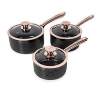 Tower Rose Gold T800001RB Set de Ollas - 3 x Ollas de Cocina de Diseño Linear y Oro Rosa - Ollas para Inducción con Superficie Antiadherente - Juego de Ollas con Tapa, 16, 18, 20cm - Negro y Oro Rosa