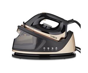 Tower T22023GLD Centro de Planchado - Plancha de Ropa con Generador de Vapor, Suela Cerámica CeraGlide, Botón de Chorro de Vapor y 3 Ajustes de Temperatura, 1.2 L, 2700 W - Oro Champán y Negro