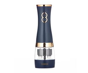 Tower T847004MNB - Molinillos eléctricos de sal y pimienta, funciona con pilas, con molinillos de cerámica ajustables, azul medianoche y oro rosa