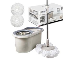 Tower T869001MSH - Mopa giratoria clásica con escurridor de Acero Inoxidable y Mango Plegable, Color Latte