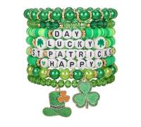 Townshine Juego de pulseras para el día de San Patricio, dijes de trébol verde con mensajes felices del día de la suerte, pulseras elásticas de cuentas, accesorios para fiestas de festivales