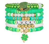 Townshine Juego de pulseras para el día de San Patricio, dijes de trébol verde con mensajes felices del día de la suerte, pulseras elásticas de cuentas, accesorios para fiestas de festivales