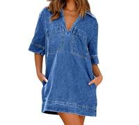 Townshine Vestido vaquero para mujer con cuello en V y manga corta, corte holgado, vestido midi en color liso, estilo casual, azul, M