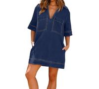 Townshine Vestido vaquero para mujer con cuello en V y manga corta, corte holgado, vestido midi en color liso, estilo casual, azul oscuro, M