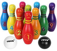TOWO Bolos de Madera para niños - Juego de Bolos de Madera con emociones faciales y números - Juego de Bolos de 10 Pines para niños Juguetes de Interior y jardín - 2 años