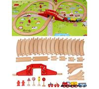 TOWO Circuito de Tren de Madera con Alfombra de Ciudad - Juego de Construcción Shinington con Edificios y Vehículos - Juguete Educativo para Niños de 3 a 5 Años