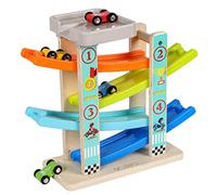 TOWO Juguete Rampa Coches con Estacionamiento en la Azotea, Rieles de Plástico en Zigzag y 4 Vagones de Madera - para niños y bebes - Pista Carreras circuitos