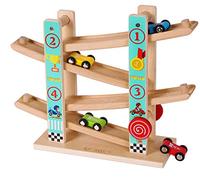 TOWO Rampa de Coches de Madera, Pista Zigzag Click-Clack con 4 Coches, Juguete Educativo para Niños y Niñas 1-4 Años