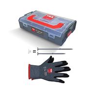 TOX L-BOXX Mini juego de camping con 18x tornillos para tiendas (8x160 + 8x220mm) + arandelas a juego, 1 par de guantes de montaje + 2x broca TX40, 39 piezas, 094901511