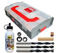 TOX L-BOXX Mini Wood eficaz, compacta, adaptable y apilable + juego de espigas de madera Boltfix Wood +S y ayudas para espigas: Cola de marca + Broca para madera con tope de profundidad, 094900701