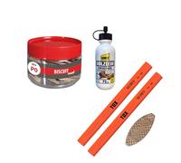 TOX Set con galletas madera Biscuit Wood P0 de haya (60 uds), 2 lápices carpintero neón naranja, 1 cola madera, kit uniones estables para madera, 015909005