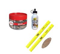 TOX Set con galletas madera Biscuit Wood P10 de haya (60 uds), 2 lápices carpintero neón amarillo, 1 cola madera, kit uniones estables para madera, 015909006