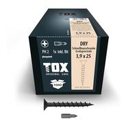 TOX Tornillos para cartón yeso DRY FG 3,9 x 25 mm, tornillos fosfatados negros con cabeza de trompeta + rosca fina, cartón yeso sobre subestructura metálica, 1000 piezas, incl. 1x broca, 142453213925