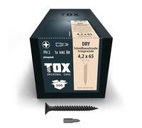 TOX Tornillos para cartón yeso DRY FG 4,2 x 65 mm, tornillos fosfatados negros con cabeza de trompeta + rosca fina, cartón yeso sobre subestructura metálica, 500 piezas, incl. 1x broca, 142453214265