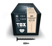 TOX Tornillos para cartón yeso DRY GG 4,2 x 75 mm, tornillos fosfatados negros con cabeza de trompeta + rosca gruesa, cartón yeso sobre subestructura de madera, PH2, incl. 1x broca, 142353214275