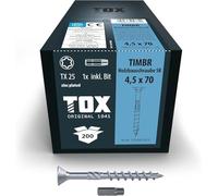 TOX tornillos para construcción de madera TIMBR SK 4,5 x 70 mm, azul galvanizado con cabeza avellanada, TX25, 200 piezas en una caja, incl. 1x broca, 112040414570