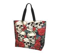 TOXOCMDKLE Bolsa de mano para mujer, con cabeza de calavera y rosas, plegable, bolsas de compras reutilizables grandes, Cool Skull Head and Roses, Talla única