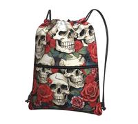 TOXOCMDKLE Mochila con cordón, plegable, con diseño de calavera y rosas, resistente a las rosas, bolsa deportiva para ir de compras, yoga, Cool Skull Head and Roses, Talla única