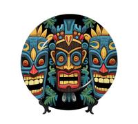 TOXOCMDKLE Plato decorativo de cerámica de 15 cm, platos de postre de porcelana china con soporte de exhibición colorido patrón de máscara Tiki, platos decorativos de cerámica, platos decorativos para