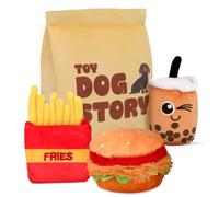 TOY DOG STORY Juguetes chirriantes para perros - Juego de juguetes de peluche 4 en 1 para perros - Lindos juguetes para perros con bolsa de juego, juguetes para perros pequeños y medianos,