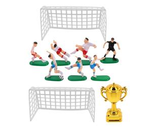 TOYANDONA 1 juego de mini porterías de fútbol para pasteles, decoraciones de plástico para tartas de fútbol para niños, juguete de manguera de muñecas en miniatura con figuras de 7 jugadores, 1 trofeo