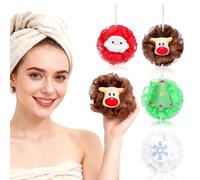 TOYANDONA Bolas de Baño Navideñas Exfoliantes para Cuerpo Set 4 Unidades Diseño Santa Claus Árbol de Navidad Copo de Nieve y Reno Esponjas de Ducha Festivas para Limpieza Corporal