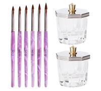 TOYANDONA Juego de 2 Copas de Cristal Octogonales para Uñas con Tapa Set de 6 Pinceles 3d de Punta Fina de Pelo para Manicura Profesional y Uso en Salón de Uñas