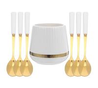 TOYANDONA Juego de Cucharas para Postres Tarro de Cerámica Blanco y Platino 6 Piezas Pequeñas para Servir Frutas y Aperitivos Organizador Compacto para Cubiertos en Cocina y Reuniones