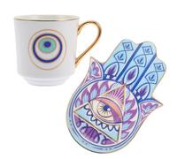 TOYANDONA Juego de Taza de Café de Cerámica Turca con Platillo, Diseño Nordico con Ojo Turco, 1 Set para Hogar y Oficina, Apto Microondas y Lavavajillas, Taza de Té y Agua Resistente