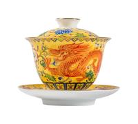 TOYANDONA Juego de Té Chino Gaiwan de Cerámica Esmaltada Sancai Amarillo con Tapa y Platillo Taza para Infusiones y Preparación de Té Gongfu Vajilla para Hogar (1 Juego)