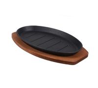 TOYANDONA Plato de Hierro Fundido para Steak Base de Madera Sartén Fajita con Superficie Acanalada para Barbacoa y Cocina Teppanyaki para Restaurante y Reuniones
