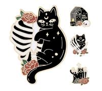 TOYANDONA Set de 4 Broches Metálicos de Halloween Gato Negro Dibujos Animados Diseño de Rosa y Sombrero de Bruja Accesorios para Ropa Mochilas y Bolsos Joyería Festiva Mujeres