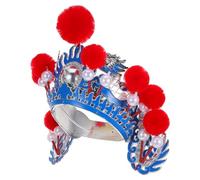 TOYANDONA Sombrero de Ópera de Pekín Tradicional Unisex para Disfraz, Tocado Escénico Chino Azul Pompones Rojos, Accesorio Cultural para Teatro, Fiestas y Actuaciones en Hogar y Cocina