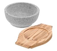 TOYANDONA Tazón de Piedra Natural para Bibimbap 16 Cm 600 Ml, sin Recubrimiento, Alta Resistencia al Calor, con Base de Madera Carbonizada, Adecuado para Cocina Coreana y Uso Diario