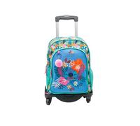 ToyBags Mochila Escolar Stitch Tropical - Doble Compartimento - CON ACCESORIO POM-POM - Adaptable + CARRO NEGRO PROTECCION LATERAL Y STOPER FRONTAL ANTI CAIDA 4 ruedas giratorias - 44 X 30 X 20 CM