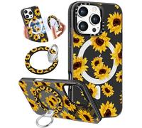 Toycamp Funda para iPhone 13 Pro compatible con Magsafe - para mujeres y niñas, bonito diseño de anillo magnético de 360°, soporte de soporte de soporte de girasol femenino, bonito y divertido diseño