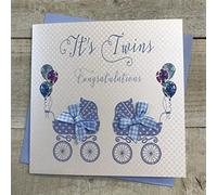 ToyCentre White Cotton Cards Its Twins Congratulations Handmade New Baby Card Blue Prams