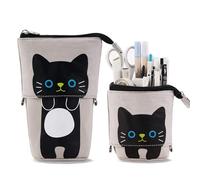 TOYESS Estuche Escolar Vertical para Dibujos Animados Lindo Gato, Telescópico Estuche para Bolígrafo Lona, Cosmética Papelería Organizador Caja para Niña, Chico, Estudiante & Profesor (Gris)