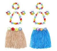 Toyhood Juego de 10 faldas hawaianas de hierba hula para fiesta hawaiana, 2 juegos de guirnaldas de flores hawaianas, diademas para niños y adultos, verano, playa, fiesta tropical (paja + azul)