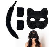 Toyhood Máscara Teriana y Cola Teriana Guantes Set, Furry Cat Mask Long Fox Tail Halloween Cosplay Costume Half Face Masquerade Mask Animal Cosplay Mask for Halloween Carnival Party Accessory (Negro)