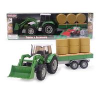 Toyland® 36cm (14“) Set da gioco a Tema fattoria con trattore Verde, caricatore frontale e rimorchio staccabile con balle di fieno - Scala 1:32