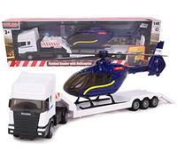 Toyland® - Camión de Plataforma Plana Scania con helicóptero - Escala 1:48 - Rueda Libre - Vehículo de Transporte de Juguete Coleccionable - Juguetes para niños (Camión Rojo/Helicóptero Blanco)