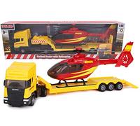 Toyland® - Camión de Plataforma Plana Scania con helicóptero - Escala 1:48 - Rueda Libre - Vehículo de Transporte de Juguete Coleccionable - Juguetes para niños (Camión Amarillo/Helicóptero Rojo)