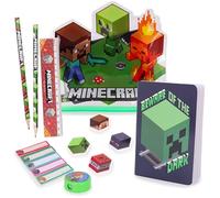 Toyland® Minecraft de Kit Completo de - Incluye: Cuaderno, 2 lápices, 4 Gomas de borrar con Forma de Personajes, sacapuntas y Notas Adhesivas - Set de útiles Escolares - Kit de Dibujo de Viaje