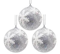 Toyland® Paquete de 3 Bolas de Brillo Plateado de 100 mm con Copos de Nieve Blancos - Decoraciones para árboles de Navidad - Adorno Festivo de Lujo