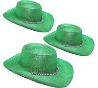 Toyland® Paquete de 3 sombreros de vaquero con purpurina verde de 34 cm (13 pulgadas) - Accesorios para festivales, conciertos, disfraces y despedidas de soltera - 10 colores disponibles