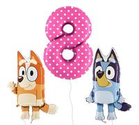 Toyland® Paquete de globos de aluminio Bluey & Bingo - 2 globos de personajes de 32" y 1 globo con números irregulares de 40" - Decoraciones para fiestas infantiles